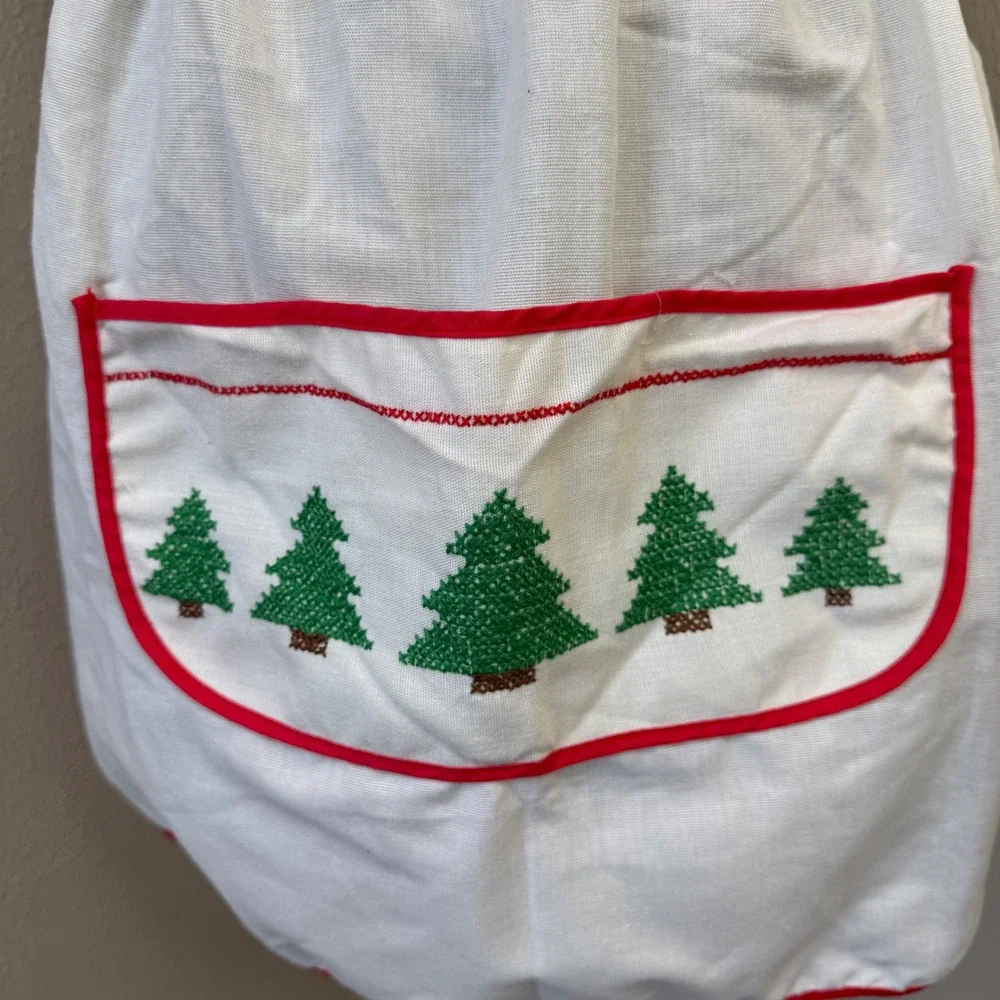 Vintage Christmas Tree Cross Stitch Half Apron White Red Green Holiday Hosting